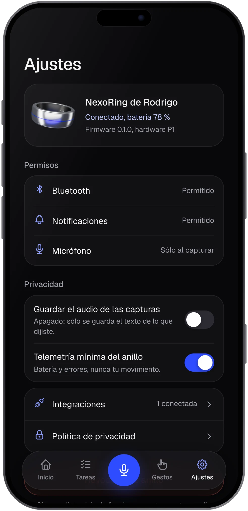 Pantalla de privacidad y ajustes del dispositivo