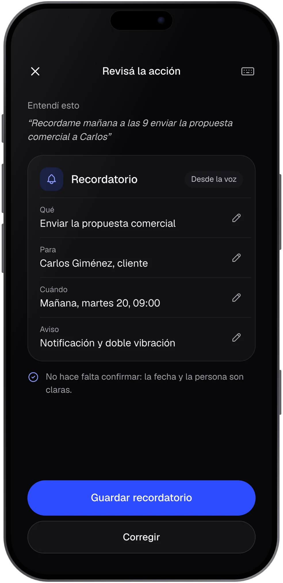Pantalla de captura de la app NexoRing con un recordatorio entendido por la IA