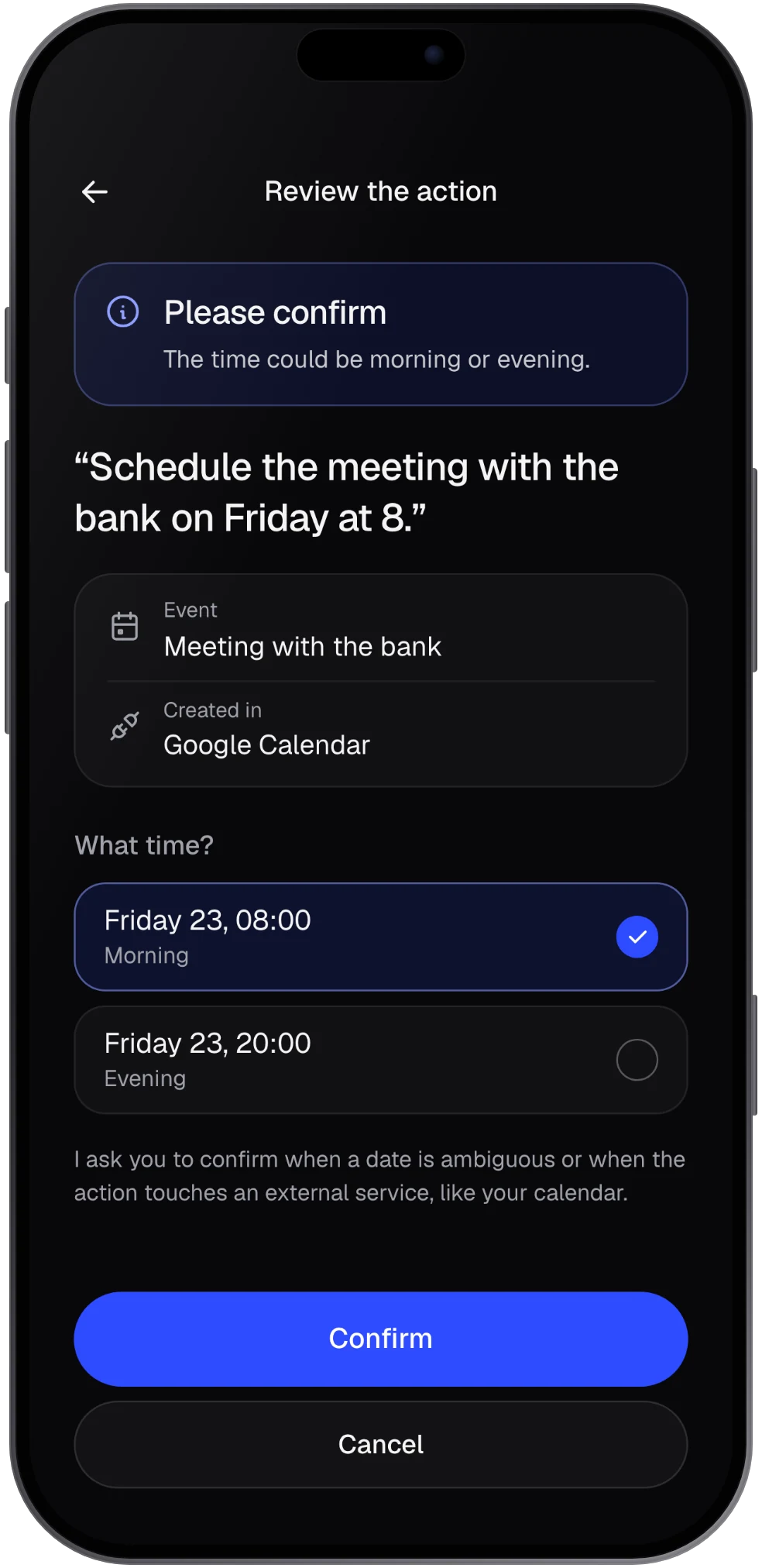 Confirmation screen for an unclear date