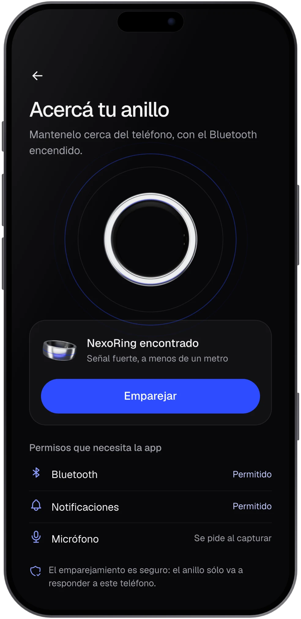 Pantalla para emparejar el anillo
