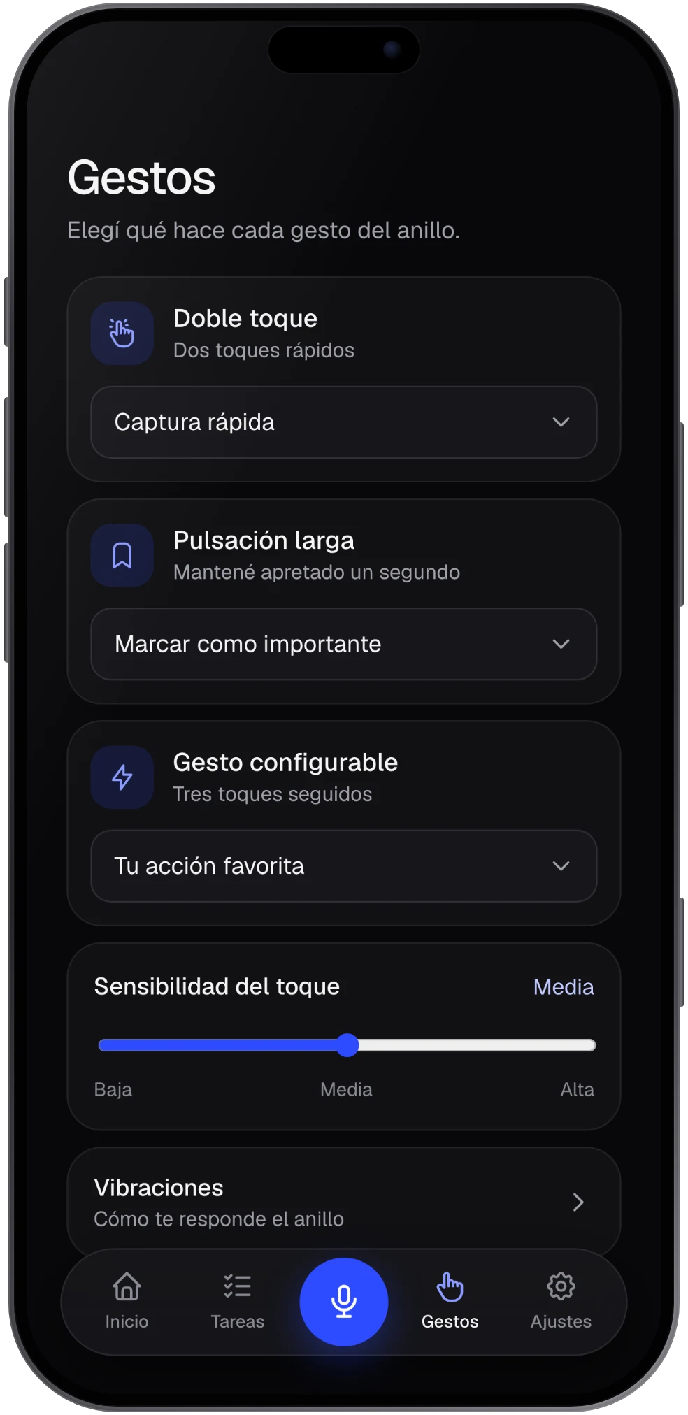 Pantalla para configurar los gestos