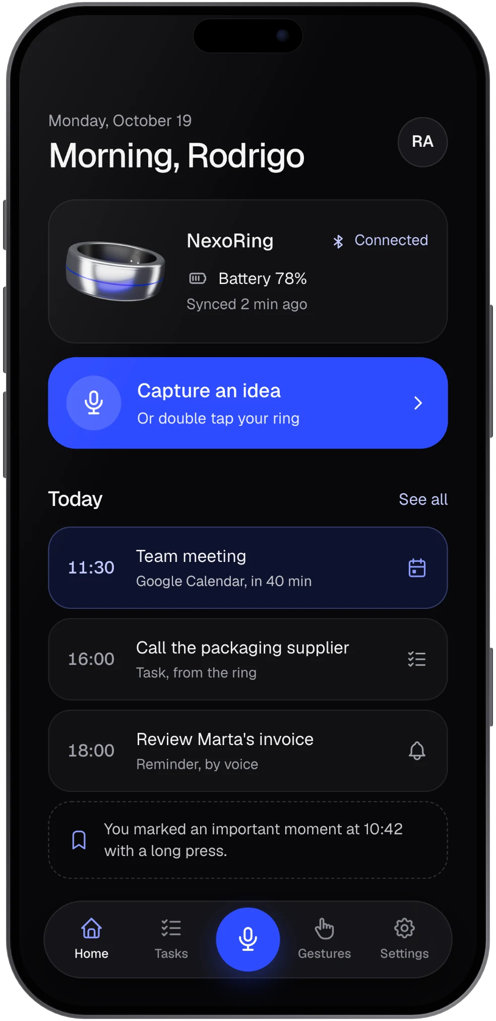 NexoRing app home screen with the ring status and today's to-dos
