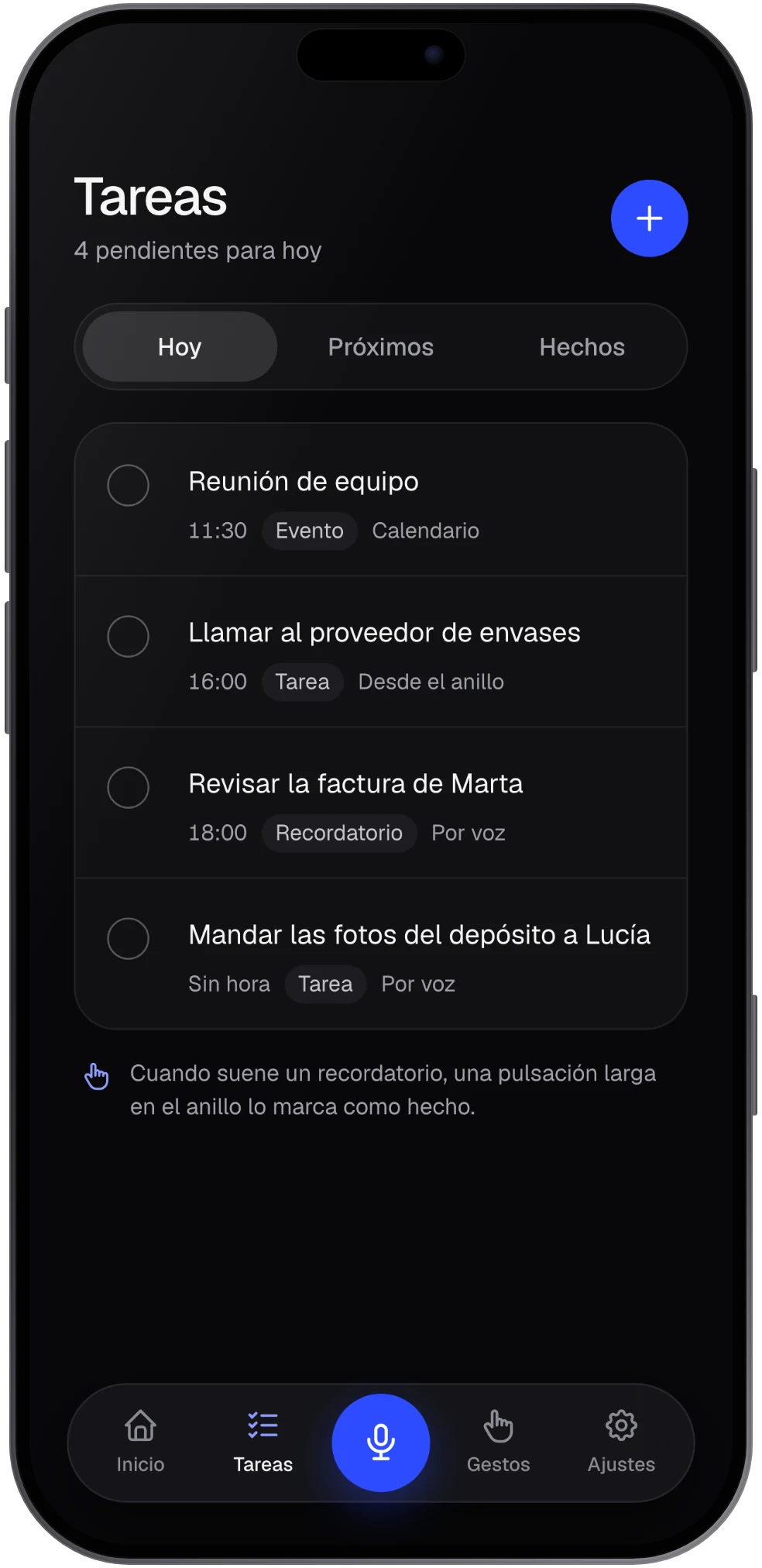 Pantalla de tareas y recordatorios de la app NexoRing